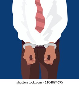 Close up hands of office man in handcuffs. Expressive cartoon style. Vector illustration