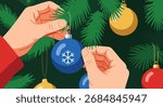 Close up of hands placing a blue ornament with a snowflake on a Christmas tree