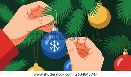 Close up of hands placing a blue ornament with a snowflake on a Christmas tree
