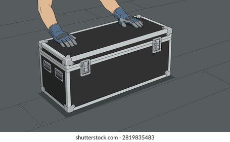 Close up of hands in protective gloves resting on top of a black flight case on a dark floor.