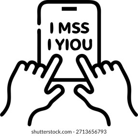 Close up of Hands Texting I Miss You on a Smartphone concept as A macro shot of hands holding a smartphone and typing I miss you into a messaging app. The image symbolizes emotional connection digital communication and personal bond offering space for text about relationships and closeness. in Photo Stock Concept , copy space for advertisement or banner with Photo Realistic as high Quality Detail --ar 7:2