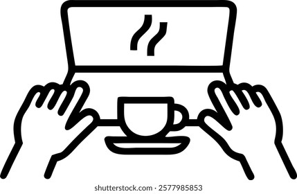 Close Up of Hands Typing on a Laptop in a Modern Cafe concept as A close up shot of hands typing on a laptop in a sleek modern Cafe. The focus is on the keyboard hands and coffee c