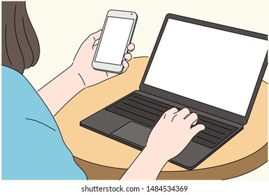 Close up of hands using laptop and smartphone together. hand drawn style vector design illustrations. 