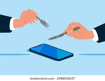 Close up of a hands using or looking at his smartphone and having lunch. Flat vector illustration