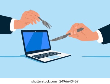 Close up of a hands using or looking at his laptop and having lunch. Flat vector illustration