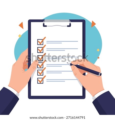 Close up of hands using a pen to check off items on a comprehensive to-do list clipboard against a blue background.