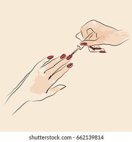 Close up hands of woman painting fingernails with red nail polish. Watercolor art, vector