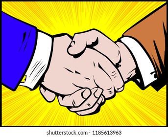 Close up handshake of business colleagues. Concept of partnership Agreement. Vector illustration in retro comic style. Vector pop art