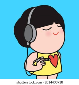 Close Up Of A Happy Girl Hand Plugging Jack Connector Of Headphones To Her Heart. Listen To Your Heart Concept Card Character illustration