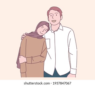 close up happy muslim family stand hands close to shoulder wear casual dress vector hand drawn illustration , young muslim family smiling, can use for, landing page, template, ui, web, banner