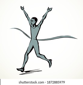 Close up happy speed strong young human jog recreation leader ribbon white text space. Outline black hand drawn 1 best fast outdoor health business concept logo emblem design cartoon art doodle style