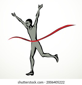 Close up happy speed strong young human jog recreation leader ribbon white text space. Outline black hand drawn 1 best fast outdoor health business concept logo emblem design cartoon art doodle style