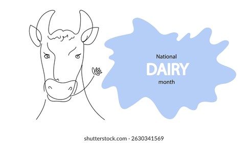 close up head cow. National dairy month. Continuous line Vector doodle illustration for banner, poster. line art hand drawn illustration.