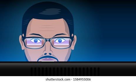 Close up head of the man in glasses work computer on a dark background, front view. Reflection of the display in the glasses. Realistic vector illustration stock.