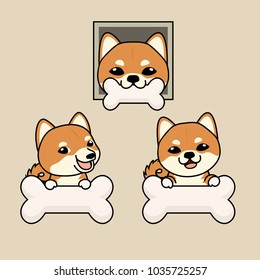 close up head shot , set of Cute cartoon character design Shiba  Inu dog ,bit white bone.