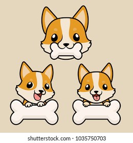 close up head shot , set of Cute cartoon character design Pembroke Welsh Corgi dog ,bit white bone.
