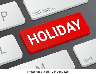 Close Up Holiday Button on Laptop or Computer Keyboard for Vacation, Travel, and 3D Celebration Illustration