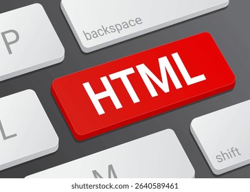 Close Up HTML Button on Laptop or Computer Keyboard for Web Development, Coding, Programming, Markup Language and 3D Interface Illustration