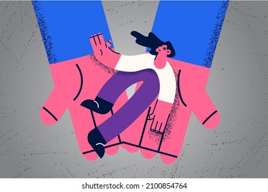 Close Up Huge Hands Hold Woman Victim Give Help Or First Aid. Person Keep In Arms Unhappy Stressed Female Suffering From Depression Or Mental Problem. Support And Comfort. Vector Illustration. 