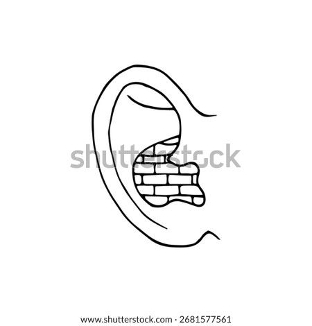 close up of a human ear with a brick wall inside. Concept of being deaf or ignoring. Hand drawn line art drawing