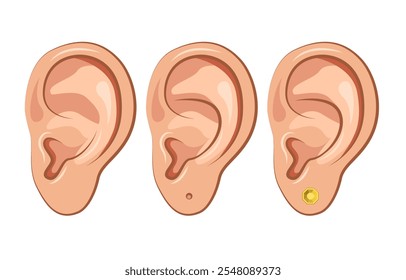 Close Up Human Ear icon. Part Of Body. Pierced ear with golden earring stud. Vector illustration.