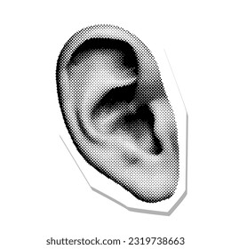 Close Up Human Ear sticker. Halftone Part Of Body. 90s vector illustration.