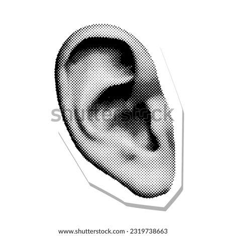 Close Up Human Ear sticker. Halftone Part Of Body. 90s vector illustration.