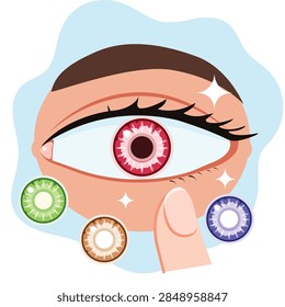 Close up human eye with hand applying color contact lens, surrounded by colorful lens options for optics and beauty concept.