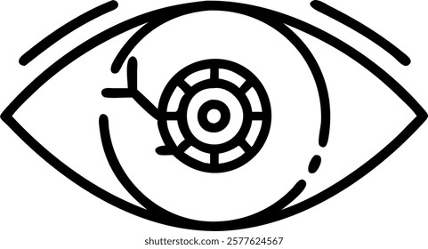 Close up of human eye with robotic lens implant concept as A macro image capturing a human eye with a visible robotic lens implant symbolizing enhanced vision through technology. A