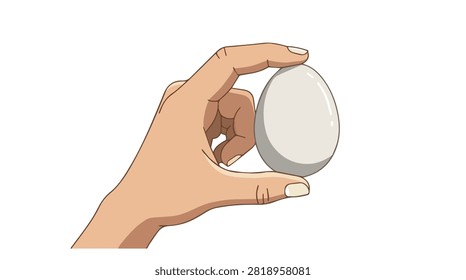 close up of a human hand holding a white egg with natural skin tone and smooth texture, on a plain background for health or food themes