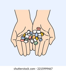 Close up human hands holding pills. Health, care, medicine, addiction, drug concept. Medication treatment or cure pharmacy prescription against deseases illustration