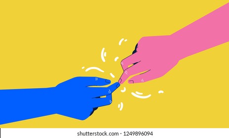 Close up of human hands touching with fingers on a yellow background. Vector illustration.