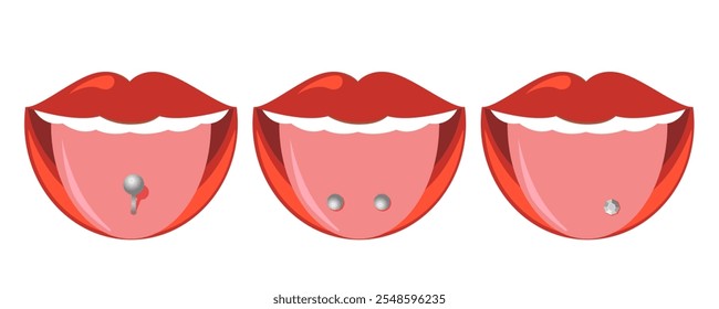 Close Up Human Mouth with Tongue icon. Part Of Body. Pierced Tongue with silver earring stud. Vector illustration.