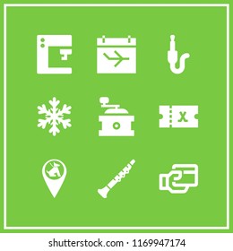 close icon. 9 close vector set. coffee grinder, calendar, sewing machine and snowflake icons for web and design about close theme