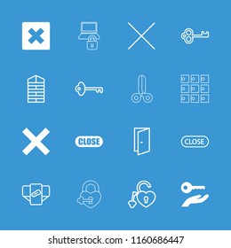 Close icon. collection of 16 close filled and outline icons such as cancel, key on hand, shutter blinds, diaper, door, key. editable close icons for web and mobile.