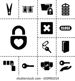 Close icon. set of 13 filled closeicons such as shutter blinds, diaper, door, key, push button, heart lock, cloth pin, photos on rope, close, key on hand, cancel