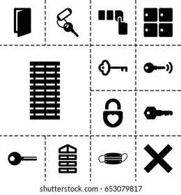 Close icon. set of 13 filled closeicons such as luggage storage, shutter blinds, door, key, push button, heart lock, medical mask, jalousie