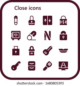 close icon set. 16 filled close icons.  Simple modern icons such as: Safety pin, Padlock, Elevator, Strongbox, Key ring, Key, Lips, Door key, Eyelash