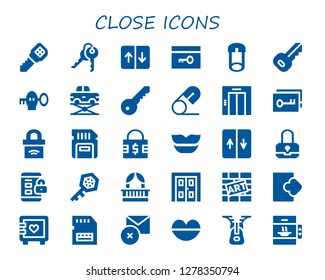  close icon set. 30 filled close icons. Simple modern icons about  - Key, Keys, Elevator, Safety pin, Padlock, Sd card, Lips, Balcony, Double door, Graffiti, Logout, Strongbox