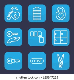 Close icon. set of 9 outline close icons such as luggage storage, shutter blinds, push button, heart lock, cloth pin, key, close
