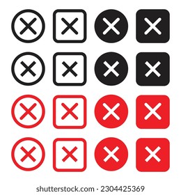 Close icon set in black and red color. close button in round and square shape with filled and outlined.