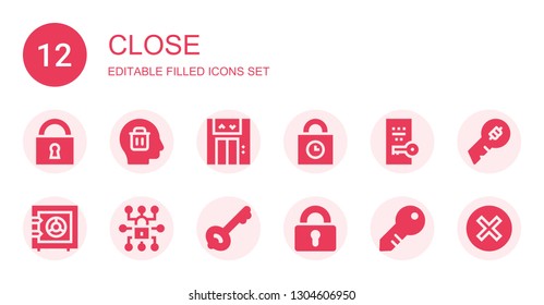 close icon set. Collection of 12 filled close icons included Padlock, Delete, Lift, Padlocks, Key, Safe box, Cancel