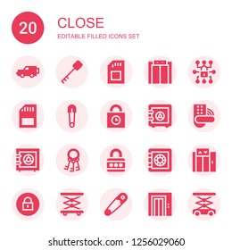 close icon set. Collection of 20 filled close icons included x, Key, Sd, Elevator, Padlock, Safety pin, Padlocks, Safe box, Keys, Lift