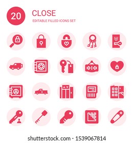 close icon set. Collection of 20 filled close icons included Padlock, Keys, Key, x, Safe box, Close, Elevator, Sd card, Graffiti, Media encoder, Safety pin