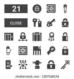 close icon set. Collection of 21 filled close icons included Key, Padlock, Delete, Safe box, Safety pin, Keys, Elevator, Lift