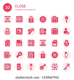 close icon set. Collection of 30 filled close icons included Elevator, Safe box, Padlocks, Padlock, Media encoder, Key, Graffiti, Sd, Delete, Lift, Cancel, Safety pin