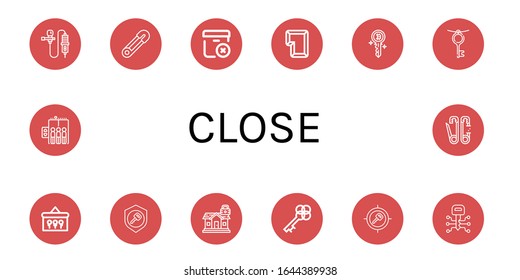 cerrar conjunto de iconos. Colección de iconos Lavalier, pin Safety, Delete package, Key, Keys, Padlock, Elevator