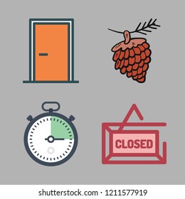close icon set. vector set about stopclock, pine nut, closed and door icons set.