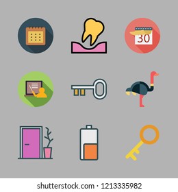 close icon set. vector set about battery, key, door and blackboard icons set.