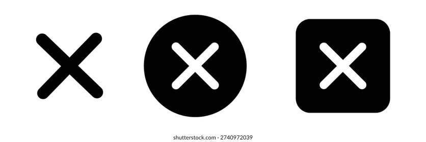 Close icon set with X mark symbol in solid button styles. Cancel, remove and error UI action icons for app interface and web navigation design